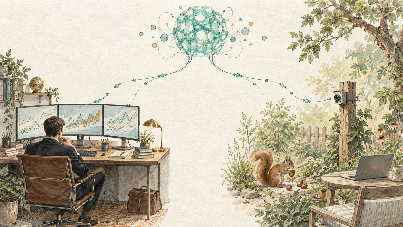 One branching teal source connects a busy trading desk on one side with a backyard camera watching a squirrel on the other.