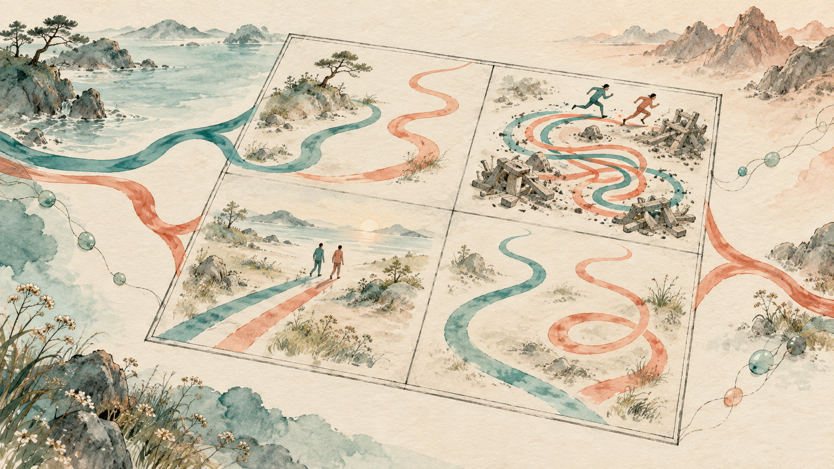 Teal and coral paths cross a four-cell board; one cell shows two people walking calmly together, another shows them racing along tangled tracks beside discarded materials.